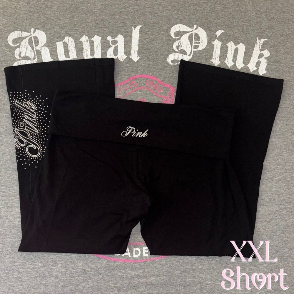 Victoria’s Secret PINK Foldover Flare Leggings Pure Black Glitter Shine XXL